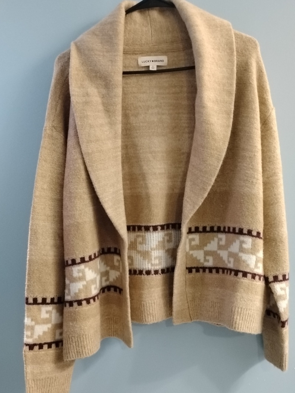 Lucky Brand Beige Shawl Collar Open-Front Cardigan w/ Patterned Trim Size Large